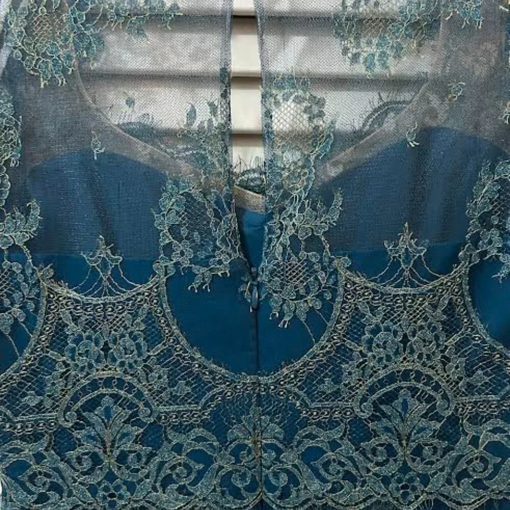 Incredible Marchesa Notte Sheath Eyelash Teal Lace Cocktail Dress - Picture 14 of 14